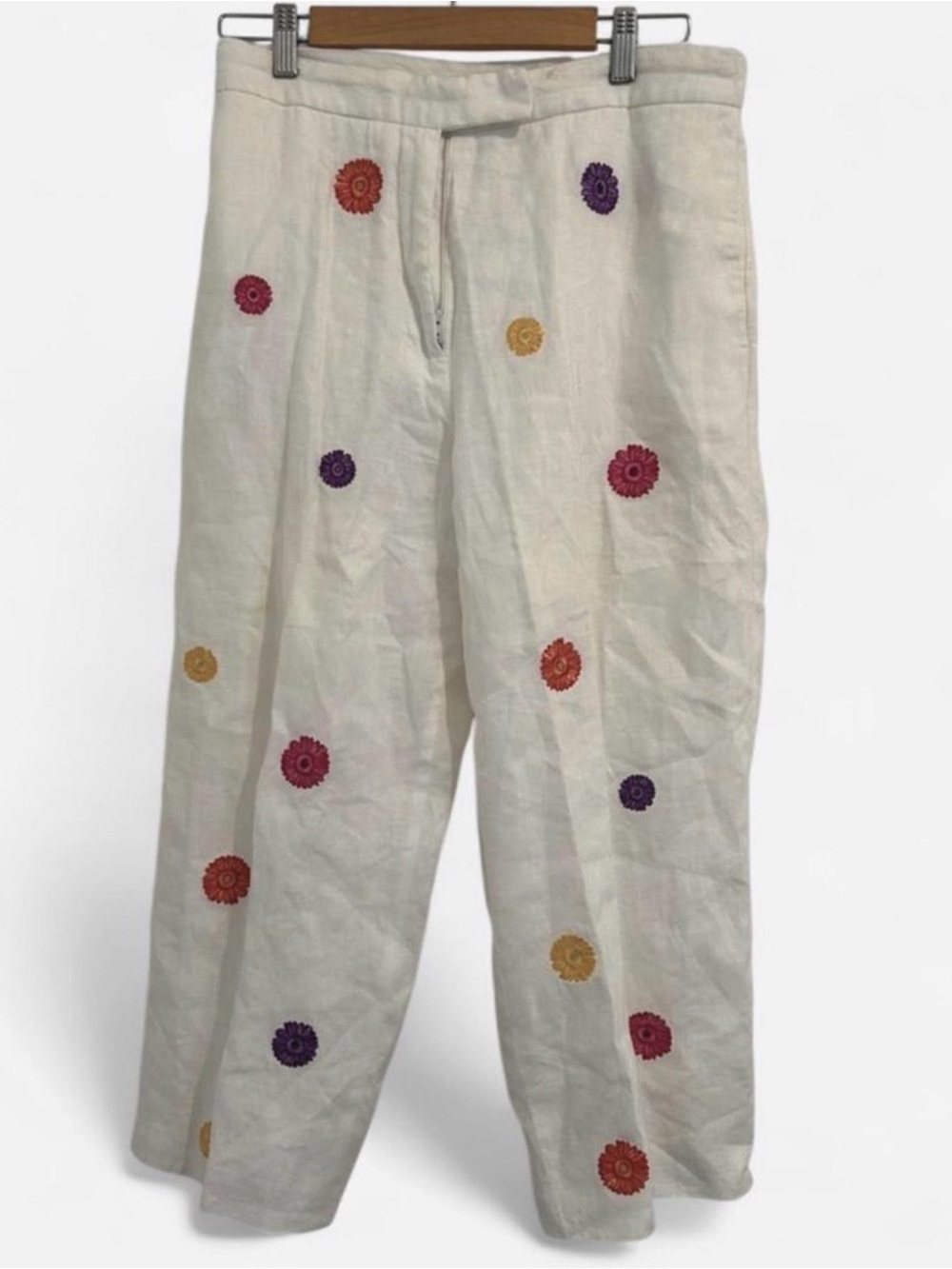 Deane & White Linen Wide-Leg Pants with Colorful Floral Embroidery